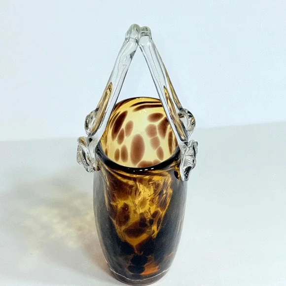 Hand Blown Murano Style Vintage Glass Purse Vase Leopard Spot Amber 7" Art - Picture 9 of 13